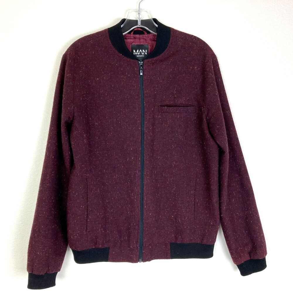 Boohoo Man Tweed Bomber Jacket Size S Burgundy Light Weight Full Zip Lined
